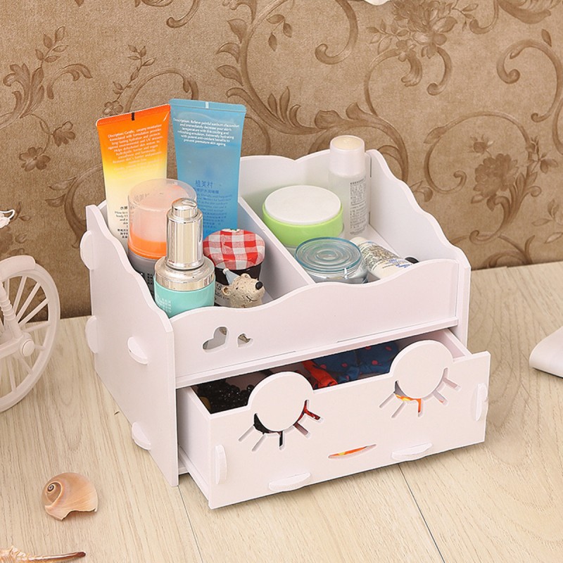 Smiling Face Cute Wooden White Makeup Organizer Neat Table Collecting Case Cosmetics Tools