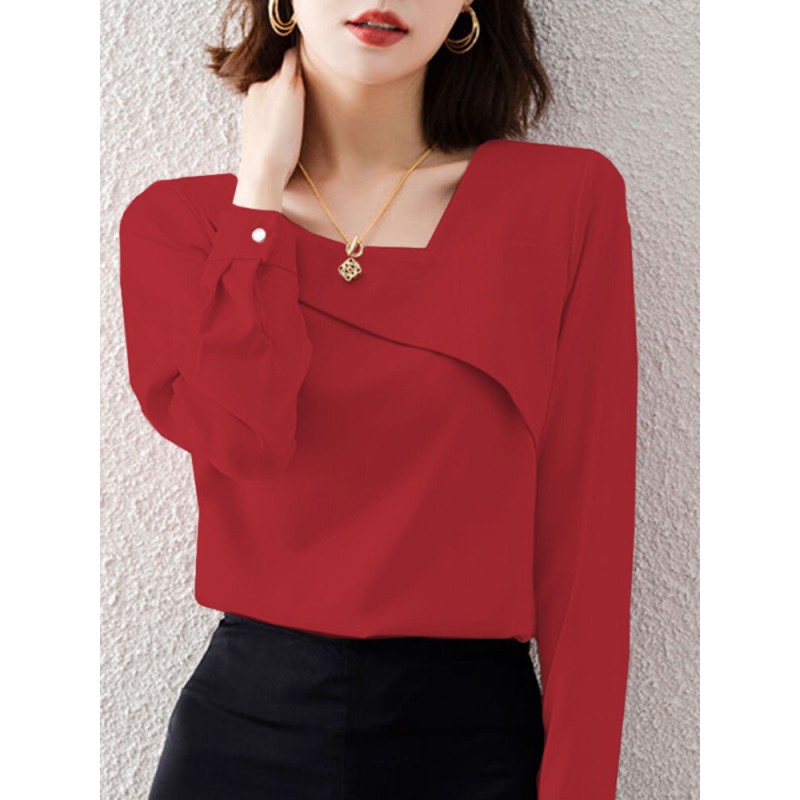 Solid Asymmetrical Neck Long Sleeve Women Blouse