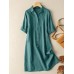 Solid Button Front Short Sleeve Lapel Shirt Dress