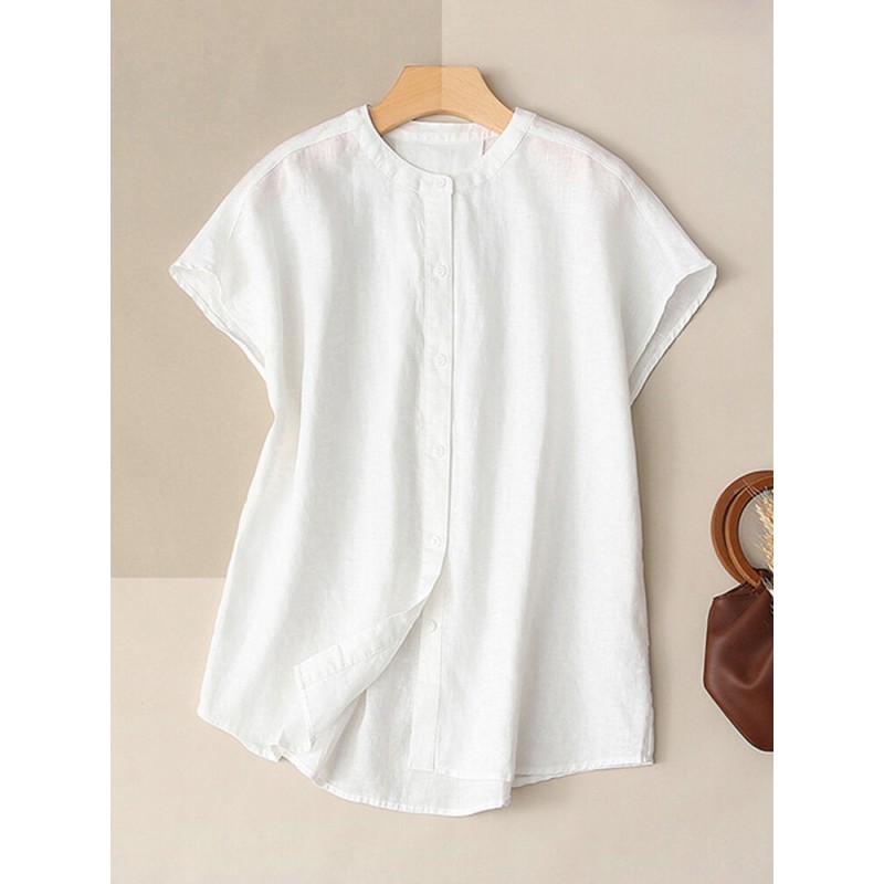 Solid Button Front Short Sleeve Stand Collar Blouse