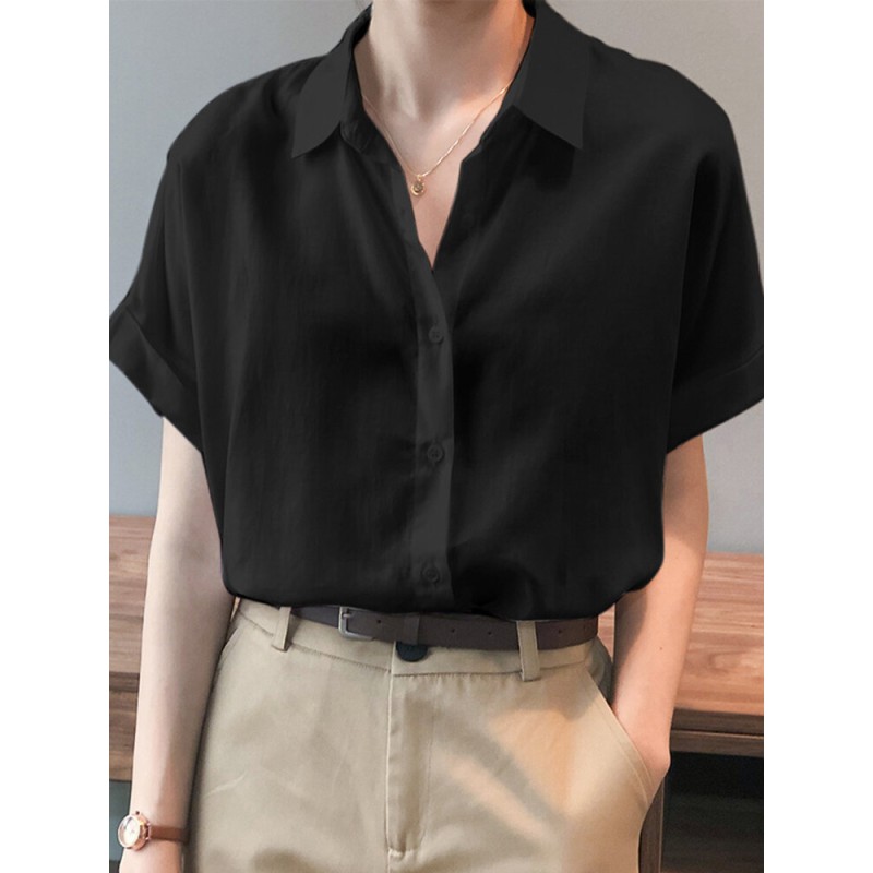 Solid Button Lapel Roll Sleeve Short Sleeve Casual Shirt