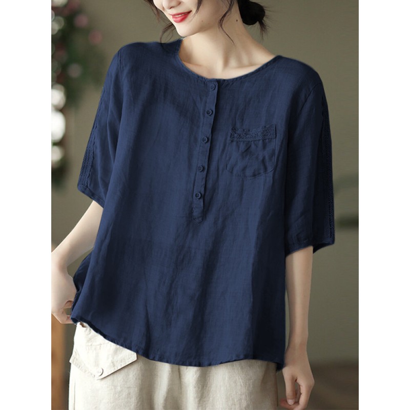 Solid Button Pocket Casual Short Sleeve Blouse