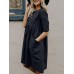 Solid Button Pocket Short Sleeve Casual Cotton Midi Dress