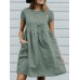 Solid Button Pocket Short Sleeve Casual Cotton Midi Dress