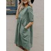 Solid Button Pocket Short Sleeve Casual Cotton Midi Dress