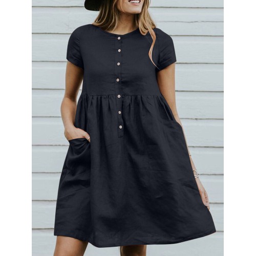 Solid Button Pocket Short Sleeve Casual Cotton Midi Dress