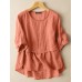 Solid Button Round Neck Casual Cotton Blouse