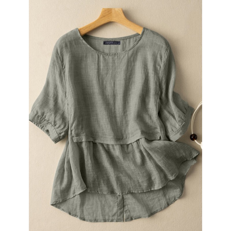 Solid Button Round Neck Casual Cotton Blouse