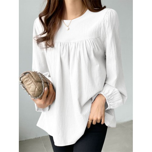 Solid Casual Keyhole Back Long Sleeve Crew Neck Blouse