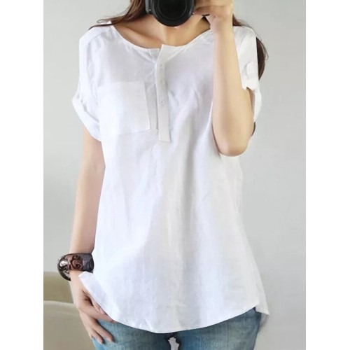 Solid Color Short Sleeve O-neck Cotton Blouse