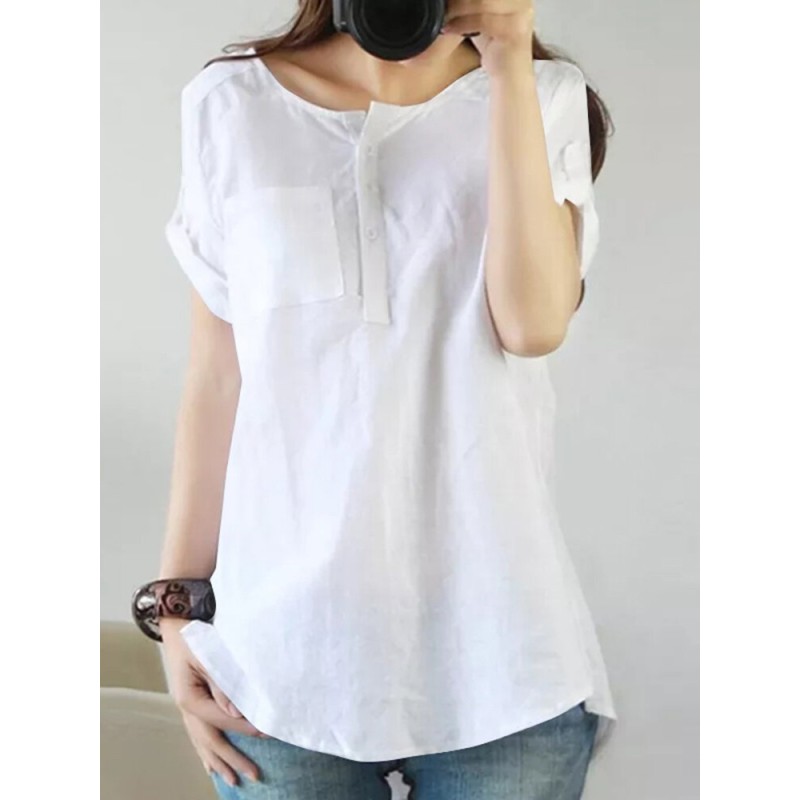 Solid Color Short Sleeve O-neck Cotton Blouse