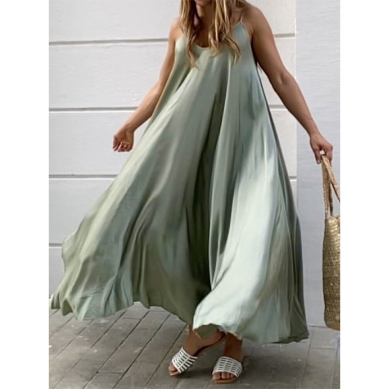 Solid Color Spaghetti Sleeveless Loose Swing Casual Maxi Dress