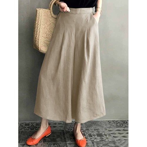 Solid Loose Pocket Elastic Waist Wide Leg Pants