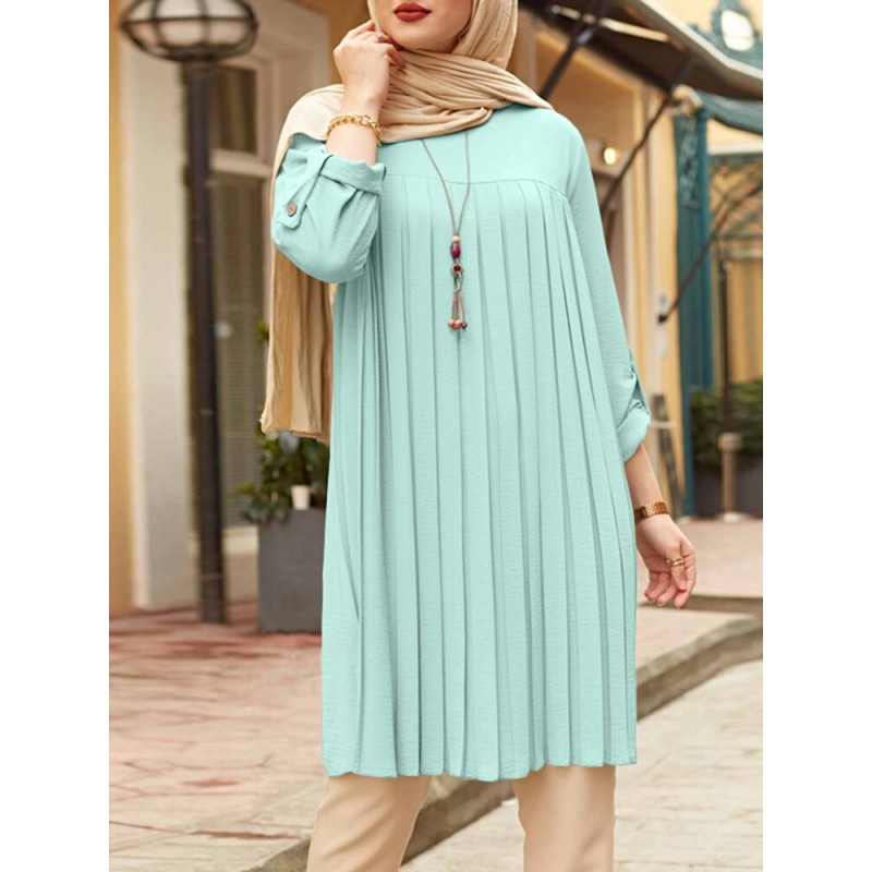 Solid Pleated Loose Long Sleeve Round Neck Casual Blouse