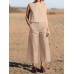 Solid Pocket Sleeveless Wide Leg Casual Cotton Suit