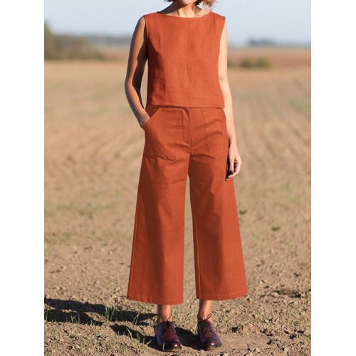 Solid Pocket Sleeveless Wide Leg Casual Cotton Suit