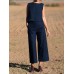 Solid Pocket Sleeveless Wide Leg Casual Cotton Suit