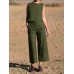 Solid Pocket Sleeveless Wide Leg Casual Cotton Suit