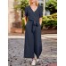 Solid Sash Pocket V Neck Casual Jumpsuit