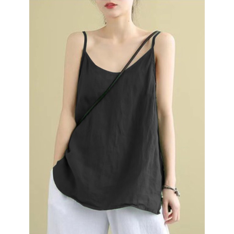 Solid Split Backless Adjustable Shoulder Strap Cotton Cami