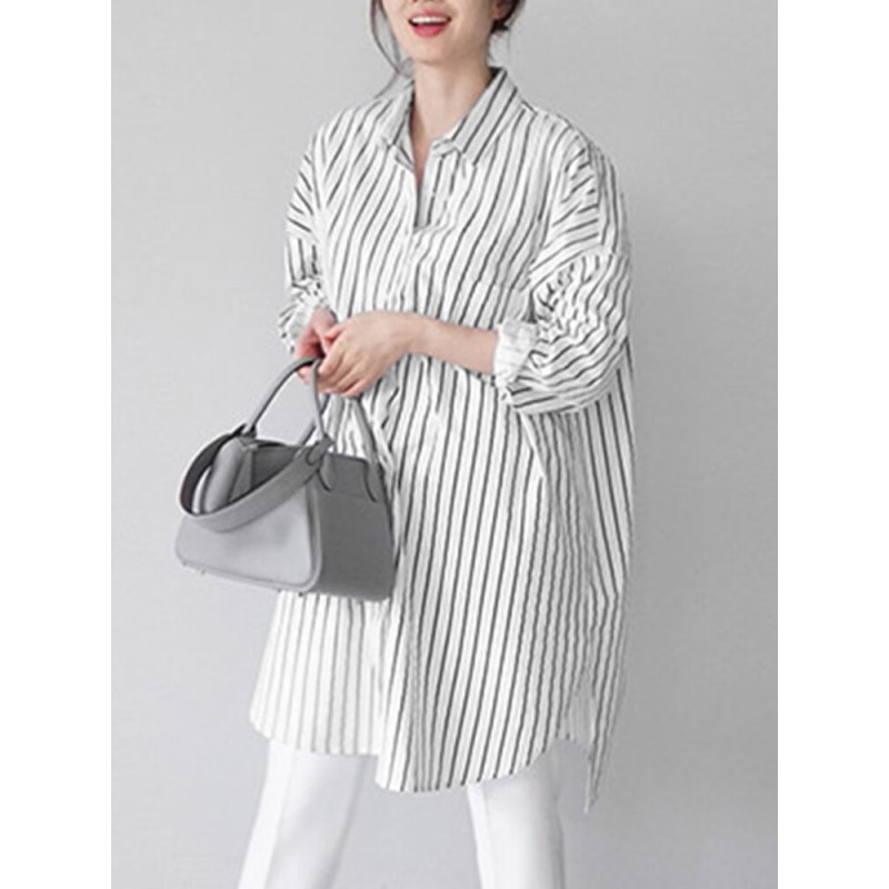 Stripe Pattern Slit Lapel Long Sleeve Loose Shirt