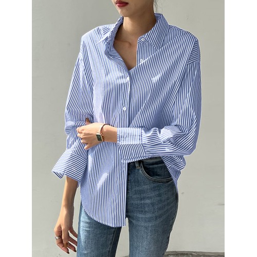 Stripe Print Long Sleeve Button Front Lapel Shirt