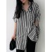 Stripe Print Pocket Long Sleeve Lapel Button Down Shirt