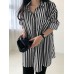 Stripe Print Pocket Long Sleeve Lapel Button Down Shirt