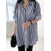 Stripe Print Pocket Long Sleeve Lapel Button Down Shirt