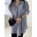 Stripe Print Pocket Long Sleeve Lapel Button Down Shirt