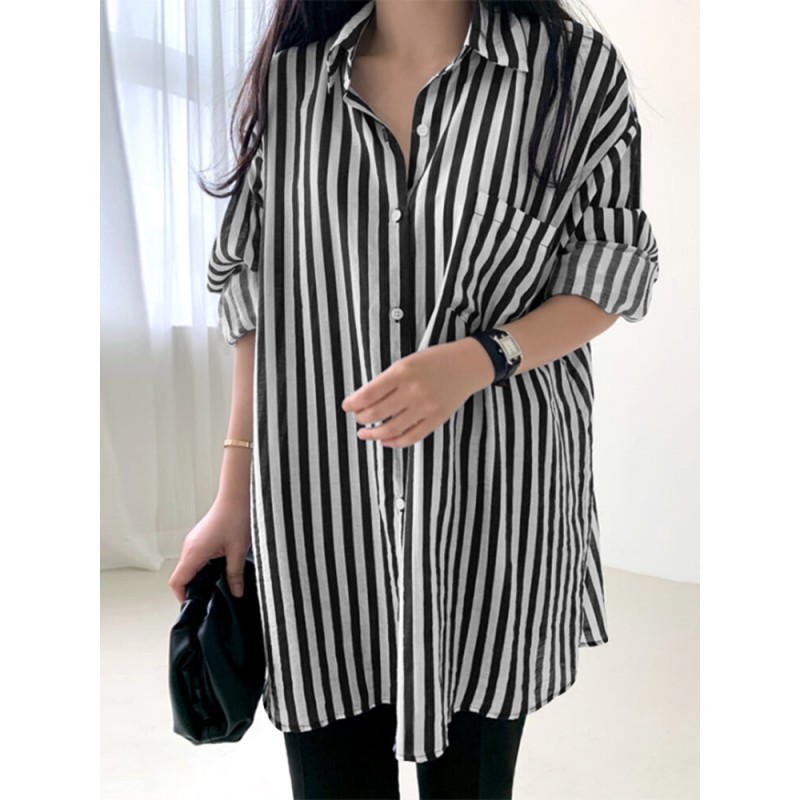 Stripe Print Pocket Long Sleeve Lapel Button Down Shirt