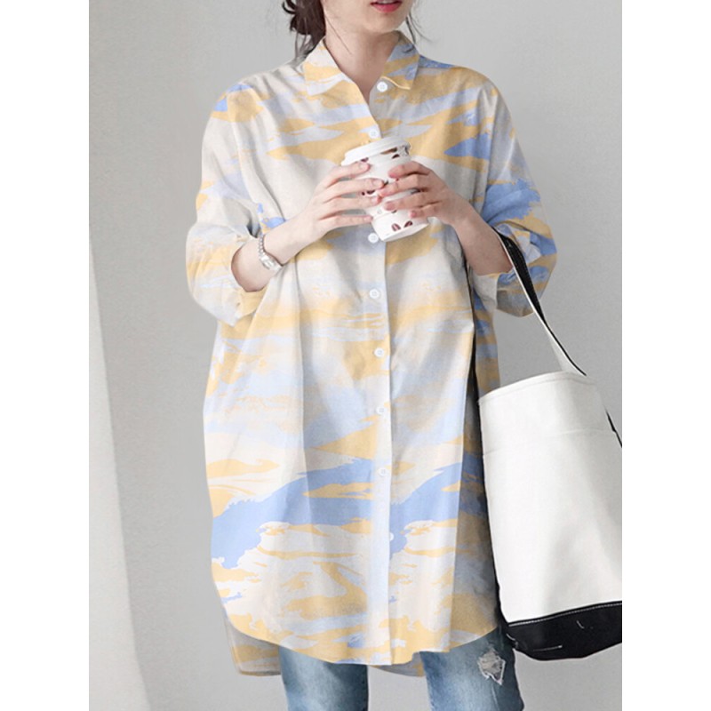 Tie Dye Button Split Hem Long Sleeve Lapel Casual Shirt