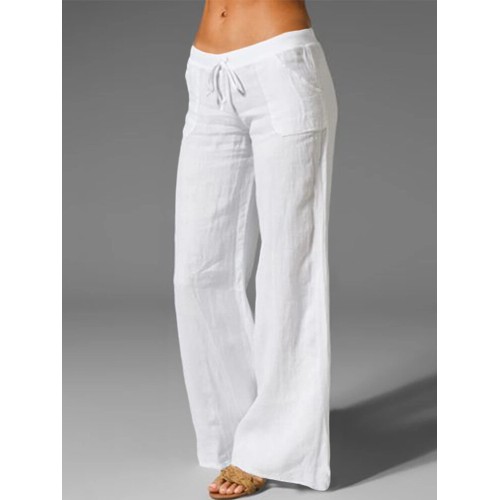 Wide Leg Women Loose Cotton Pure Color Elastic Waist Trousers Pants