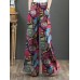 Women 100% Cotton Flared Wide-Leg Floral Printed Retro Side Pockets Pants