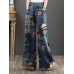 Women 100% Cotton Flared Wide-Leg Floral Printed Retro Side Pockets Pants