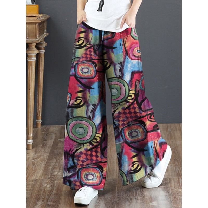 Women 100% Cotton Flared Wide-Leg Floral Printed Retro Side Pockets Pants