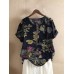 Women 100% Cotton O-Neck Loose Floral Casual Blouse