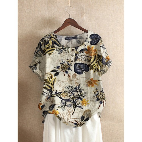 Women 100% Cotton O-Neck Loose Floral Casual Blouse