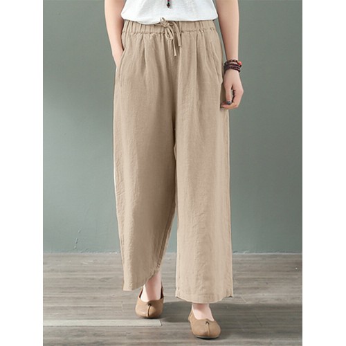 Women 100% Cotton Side Pockets Solid Color Elastic Waist Ankle Length Casual Pants