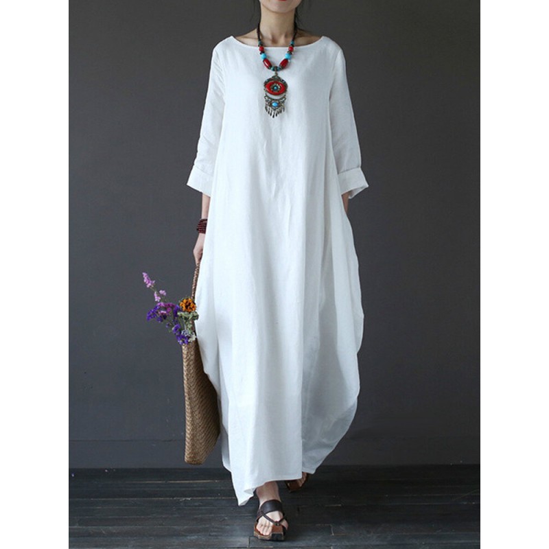 Women 100% Cotton Solid Baggy Pockets Summer Maxi Dress