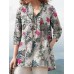 Women 100% Cotton V-Neck Floral Top Vintage Button Cuffs Three Quarter Sleeve Shirt