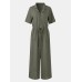 Women Button Front Camp Collar Cargo Style Short Sleeve Jumpsuits With Pocket