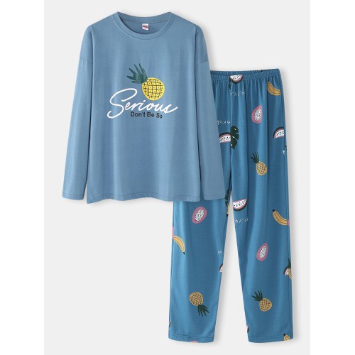 Women Cartoon Fruit Print O-Neck Loose Pants Cotton Comfy Plus Size Home Pajamas Sets