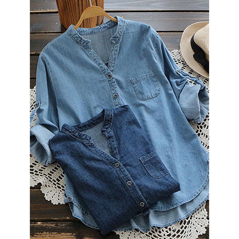 Women Casual Buttons Adjustable Sleeve Denim Blouse