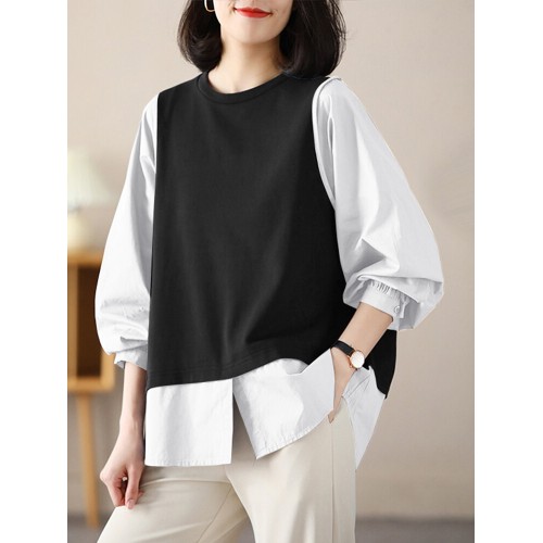 Women Contrast Long Sleeve Crew Neck Casual Blouse