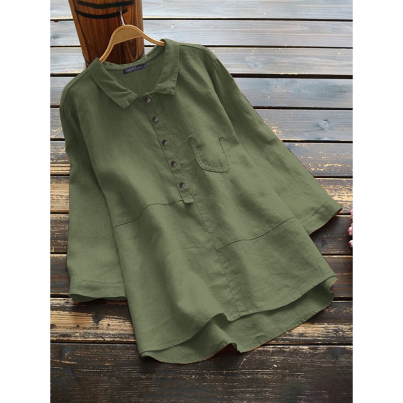 Women Cotton Solid Color High-Low Hem 3/4 Sleeve Button Casual Blouse