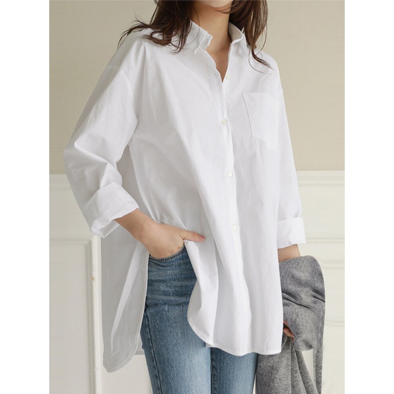 Women Daily Casual Cotton Irregular Hem Commute Loose Shirts