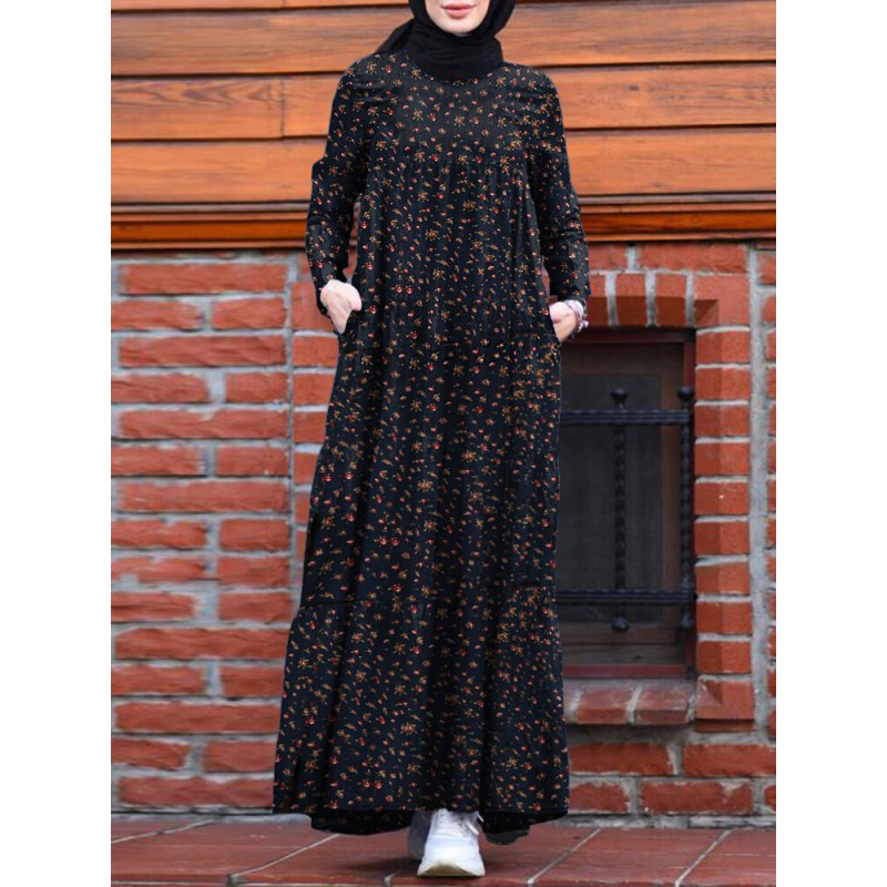 Women Floral Print O-Neck Retro Casual Long Sleeve Layered Dress With Side Pockets