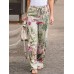 Women High Elastic Waist Floral Print Belted Side Pocket Vintage Pants