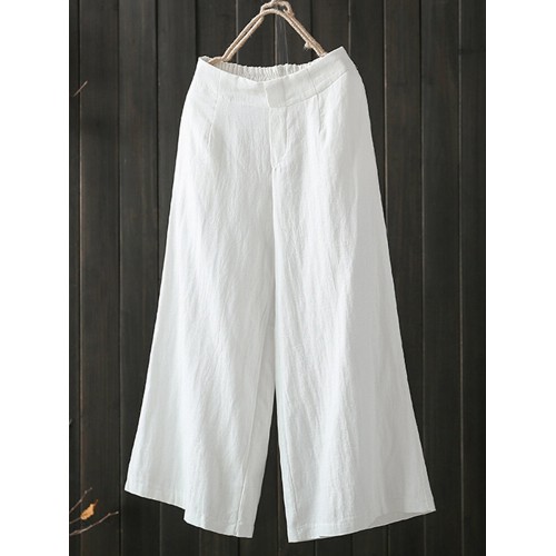 Women High Elastic Waist Loose Cotton Wide Leg Pants with Pockets